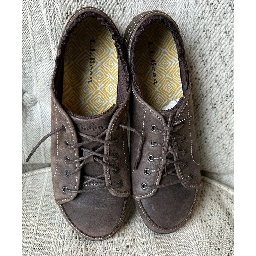 LL Bean Sneaker Womens 9.5 M Brown Leather Shoes Athletic Casual Lace Up Outdoor
